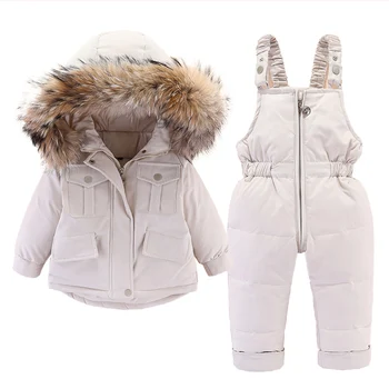 2db Meghatározott Kislány téli kabát, illetve kezeslábas a gyermekek Sűrűsödik Meleg szőrme galléros kabát lányoknak Csecsemő snowsuit 0-4Year