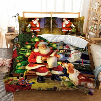 Karácsonyi ágyneműgarnitúra Királynő/Iker/King Size 3D Mikulás, karácsonyfa Nyomtatott paplanhuzat párnahuzat Dekoráció Otthon