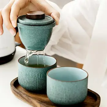 1 Készlet Kerámia Teás készlet Utazási Tea Csésze Hordozható a hordtáska (Matcha Zöld)