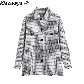 Klacwaya 2021 Női Divat Kockás Mintás Ing, Kabát Vintage Egysoros Kapcsolja Le A Gallér Zsebében Női Alkalmi Kabát