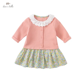 DB18639 dave bella őszi kislány csini virágmintás patchwork ruha, gyermek divat party ruha, gyerek, csecsemő lolita ruhák