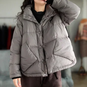 2021 Téli Új Koreai Stílus Irodalmi Hajtóka Aszimmetrikus Zsebében Meleg Kabátok Laza Fehér Kacsa Le Fény Kabátok Női Kabát