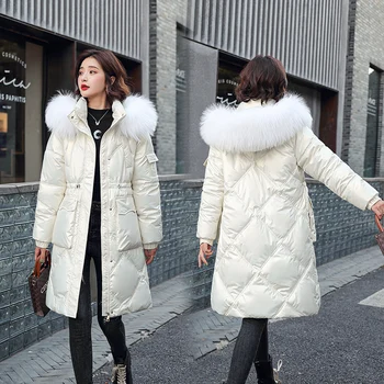 Új 2021 Őszi Téli Női laza nagy méretű szőrme galléros Pamut, bélelt ruha PU Meleg kabát, Dzseki Hó Párnázott Outwear