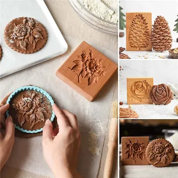 Cookie Penész Vágó Fából készült Mézeskalács Süti, Keksz Faragott Penész fenyőtoboz Rózsa Cookie Dekoratív Vágó Sütés DIY Eszköz