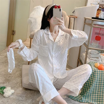 Női Pizsama Szett Szatén Hálóruházat V Nyak Kialakítás Luxus Hálóruha Selyem, Mint a Kockás Négy részes Öltöny Pizsi-Pour Femme Pijama Mujer