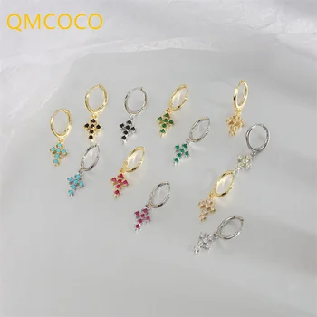 QMCOCO koreai INS Stílusú Luxus Kereszt Többszínű Cirkon Egyszerű Fülbevaló 925 Ezüst Divat Design Nők Gyönyörű Fülbevaló
