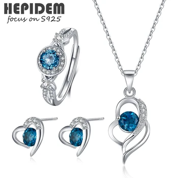 HEPIDEM 100% Nagyon Topáz 925 Sterling Ezüst Nyaklánc Gyűrű Fülbevaló 2021 Nők koreai Természetes Kék S925 Jól Ékszer Szett H006