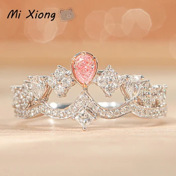 Mixiong s925 sterling ezüst rózsaszín kristály hollow crown ring elegáns, világos luxus tündér báj fél márka eljegyzési ékszert