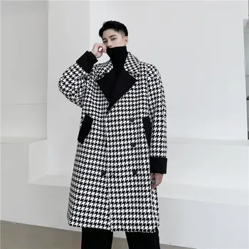 A Férfiak Houndstooth Minta Dupla Soros Laza Kockás Gyapjú Kabátot Őszi Téli Férfi Streetwear Vintage Alkalmi Árok Kabát