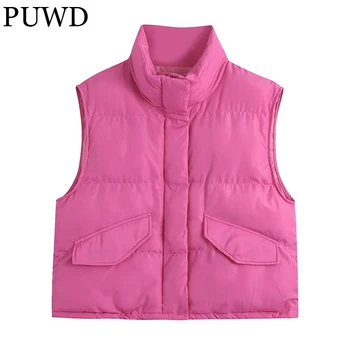 PUWD Alkalmi Női Pink Állni Galléros Pamut Kabát, Mellény Őszi/Téli 2021 High Street Retro Szilárd Parka Laza Női Vastag Outwear